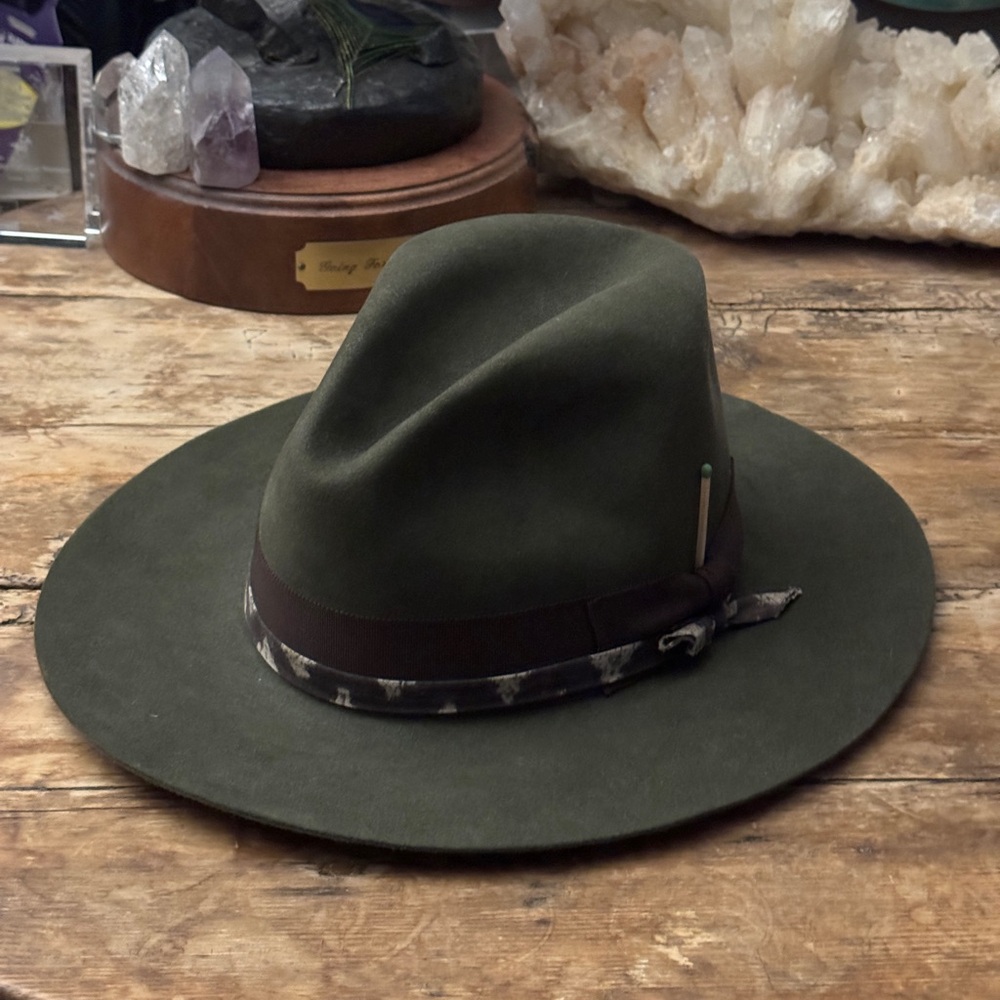 Nick Fouquet Dark Green flat felt fedora hat 100X Beaver Teressa Foglia 7 1/8 57